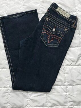 Woman’s Rock Revival Jeans Alivia Easy Boot Distressed Dark Blue Denim 31 x 32